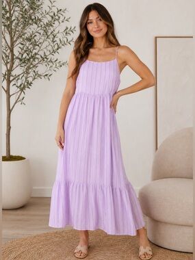 Riley & Rae Lilac Petal Halter Tiered Maxi Dress Striped Summer NWT Large